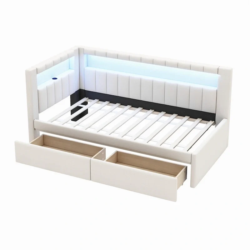 Lit plateforme rembourré avec ports USB et éclairage LED - Cadre de lit double/simple avec 2 tiroirs de rangement - Chambre moderne