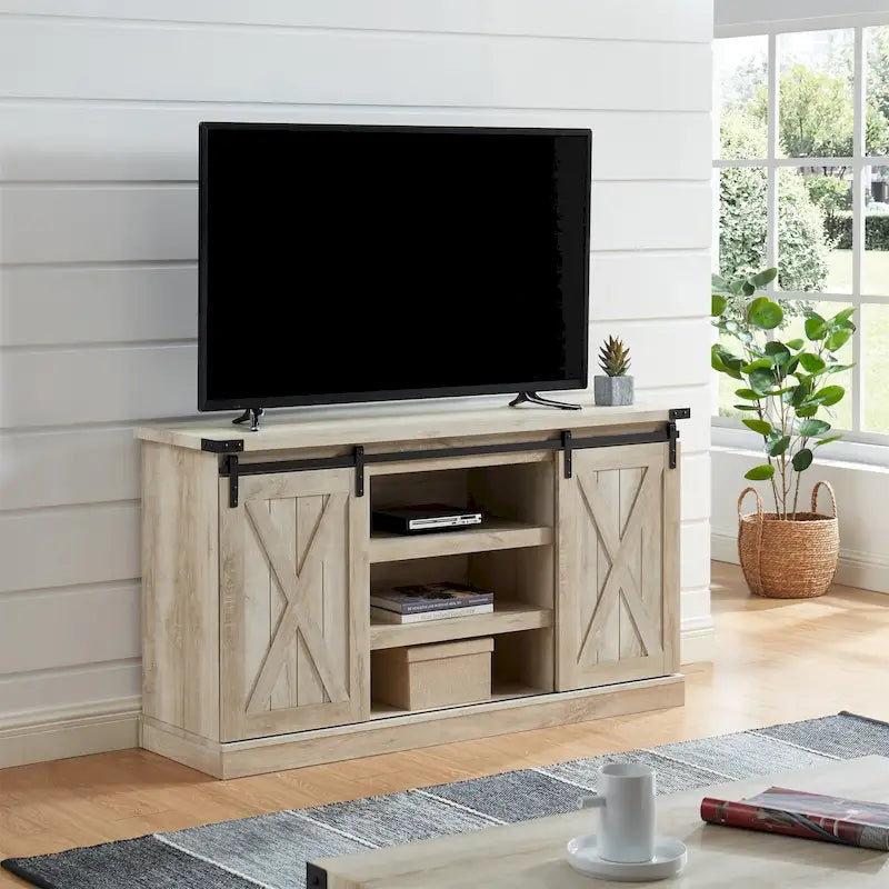 54 Farmhouse Sliding Barn Door TV Stand for TV up to 60 Inch Flat Screen